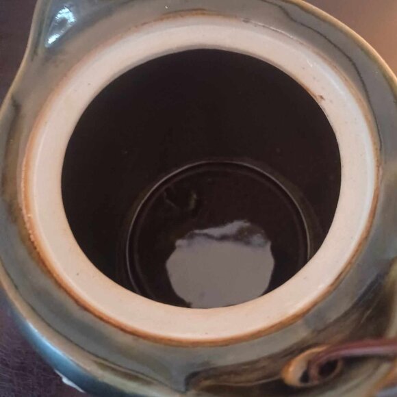 Vintage Mossy Green Ceramic Asian Teapot with Bamboo Wrapped Handle - Picture 5 of 10